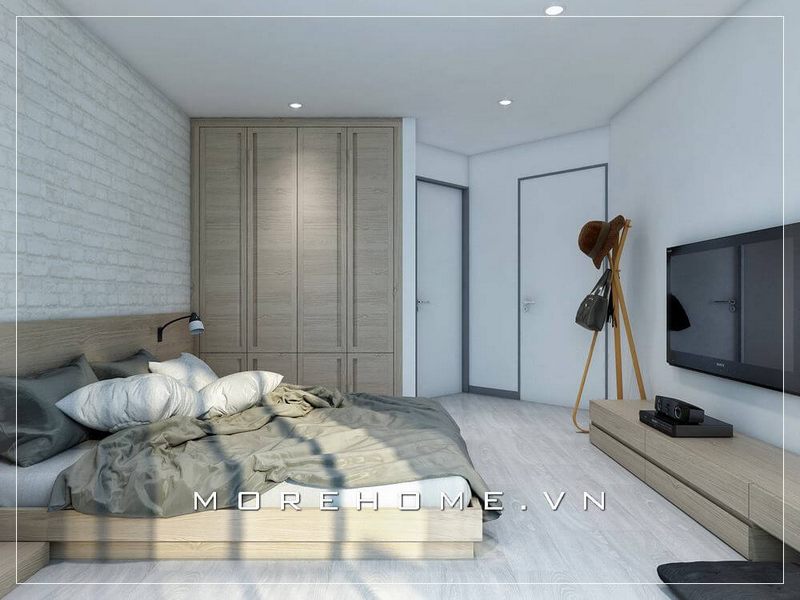 Không gian phòng ngủ được bố trí theo phong cách nhẹ nhàng, hiện đại, căn phòng không quá nhiều nội thất nhưng vẫn đảm bảo được đầy đủ công năng trong quá trình sử dụng