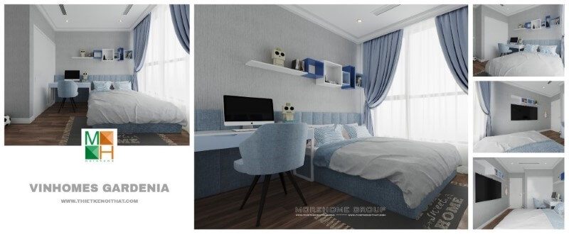 Trang trí nội thất phòng ngủ ấn tượng với gam màu xanh nhẹ nhàng, sinh động cho bé trai.